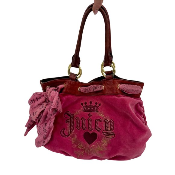 RARE Vintage Y2K Juicy Couture Pink Velour Vegan Leather Embroidered Logo Bag - Picture 5 of 16